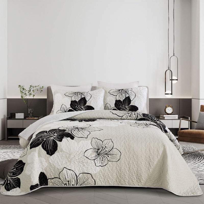 DJY Black White Quilt Set King 3 Pieces Floral Bedding Quilt Set Soft Botanical Bedspread with 2 Pillow Shams Lightweight Flower Quilt Coverlet Set for All Season 104''x 90'' - Image 1